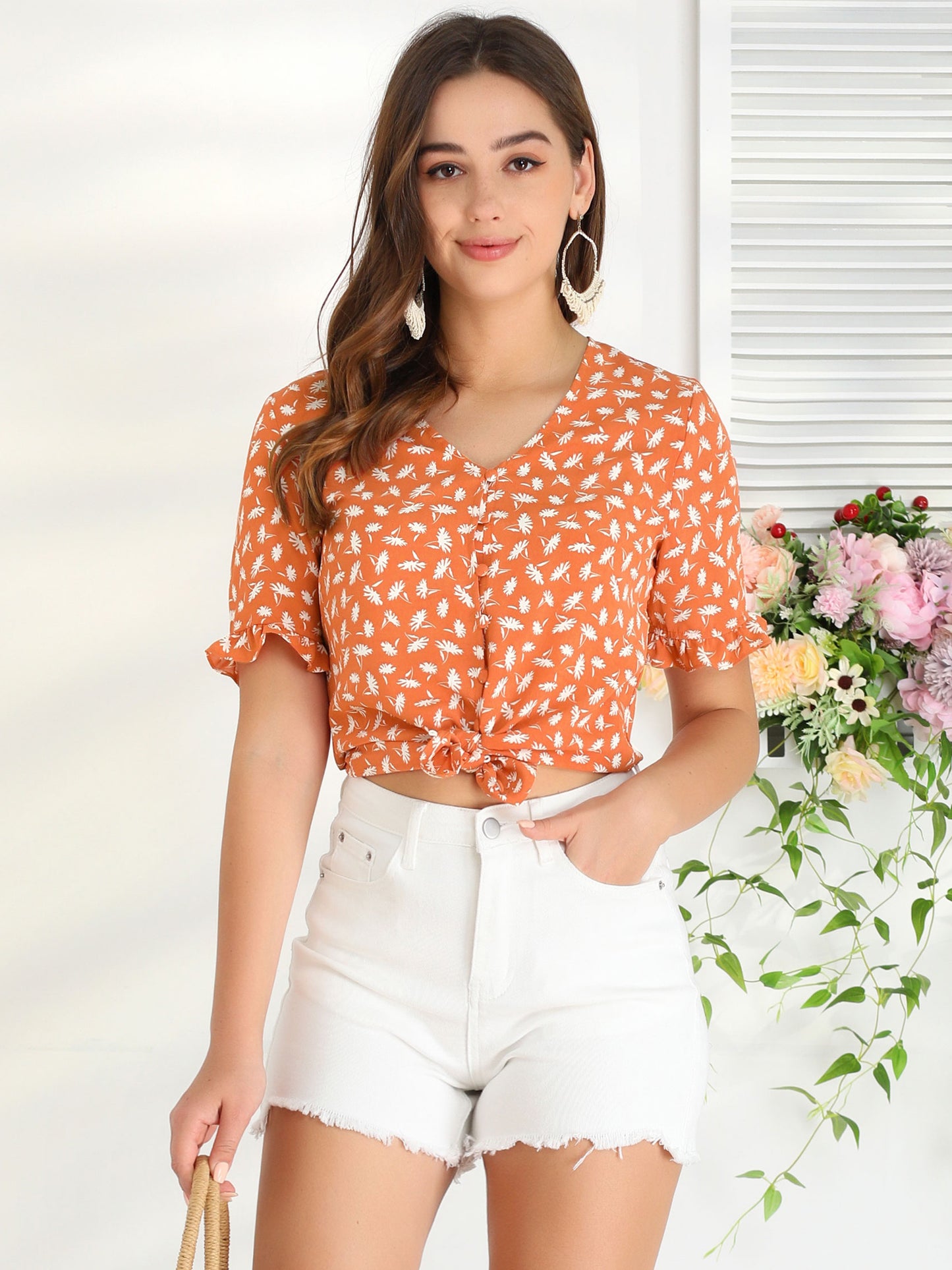 Women's Summer Floral Print V Neck Short Sleeve Button Front Blouse Top