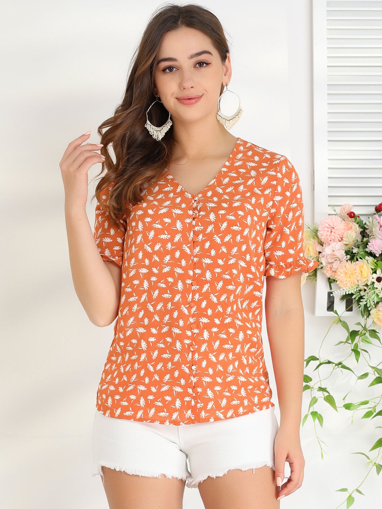 Women's Summer Floral Print V Neck Short Sleeve Button Front Blouse Top