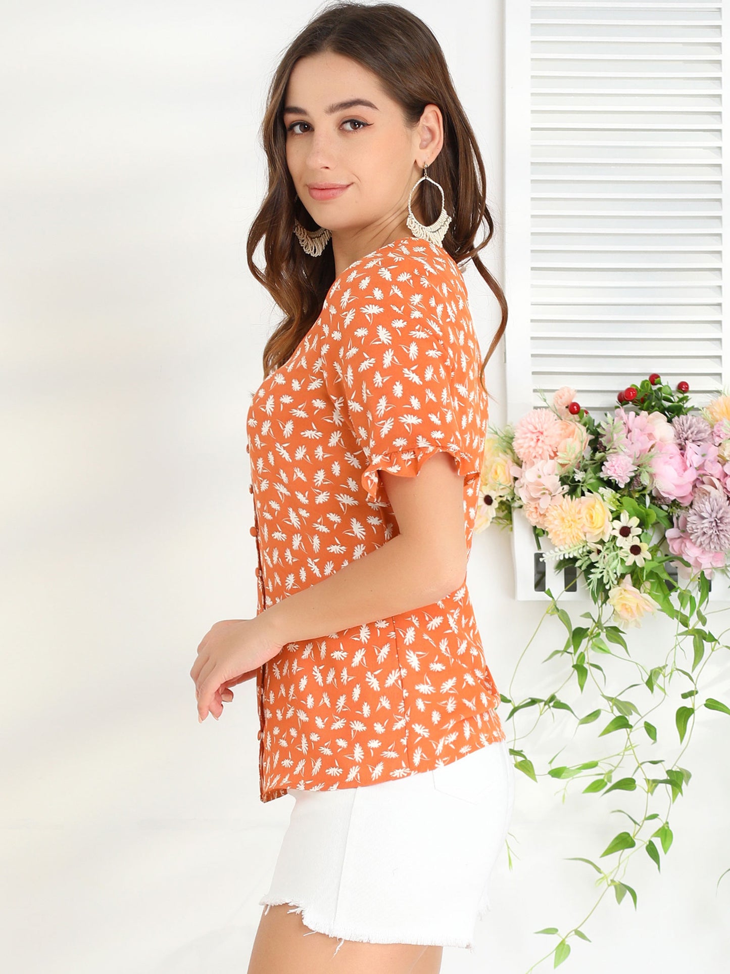 Women's Summer Floral Print V Neck Short Sleeve Button Front Blouse Top