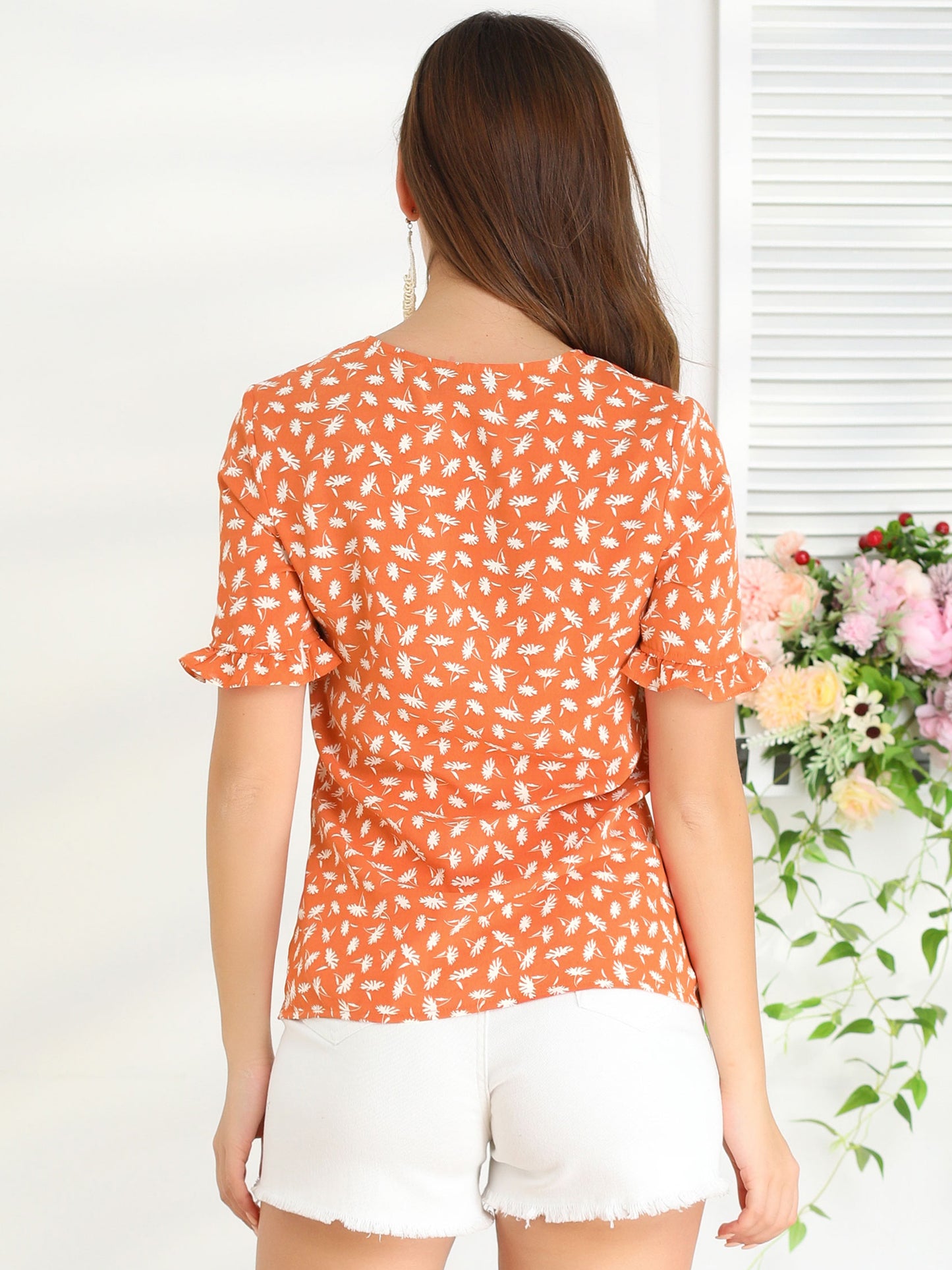 Women's Summer Floral Print V Neck Short Sleeve Button Front Blouse Top