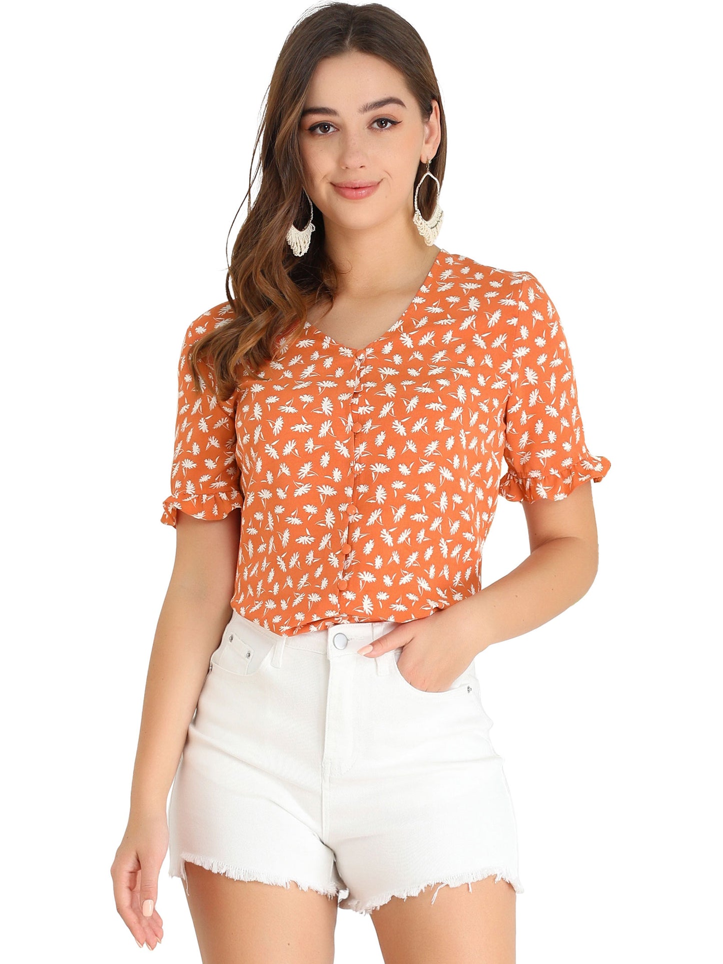 Women's Summer Floral Print V Neck Short Sleeve Button Front Blouse Top