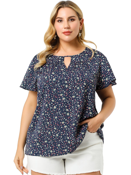 Women's Plus Size Blouses Summer Ruffle Short Sleeve Shirts Keyhole Chiffon Top