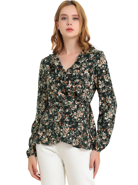 Women's Floral V Neck Wrap Top Long Sleeve Tie Waist Ruffle Peplum Blouse