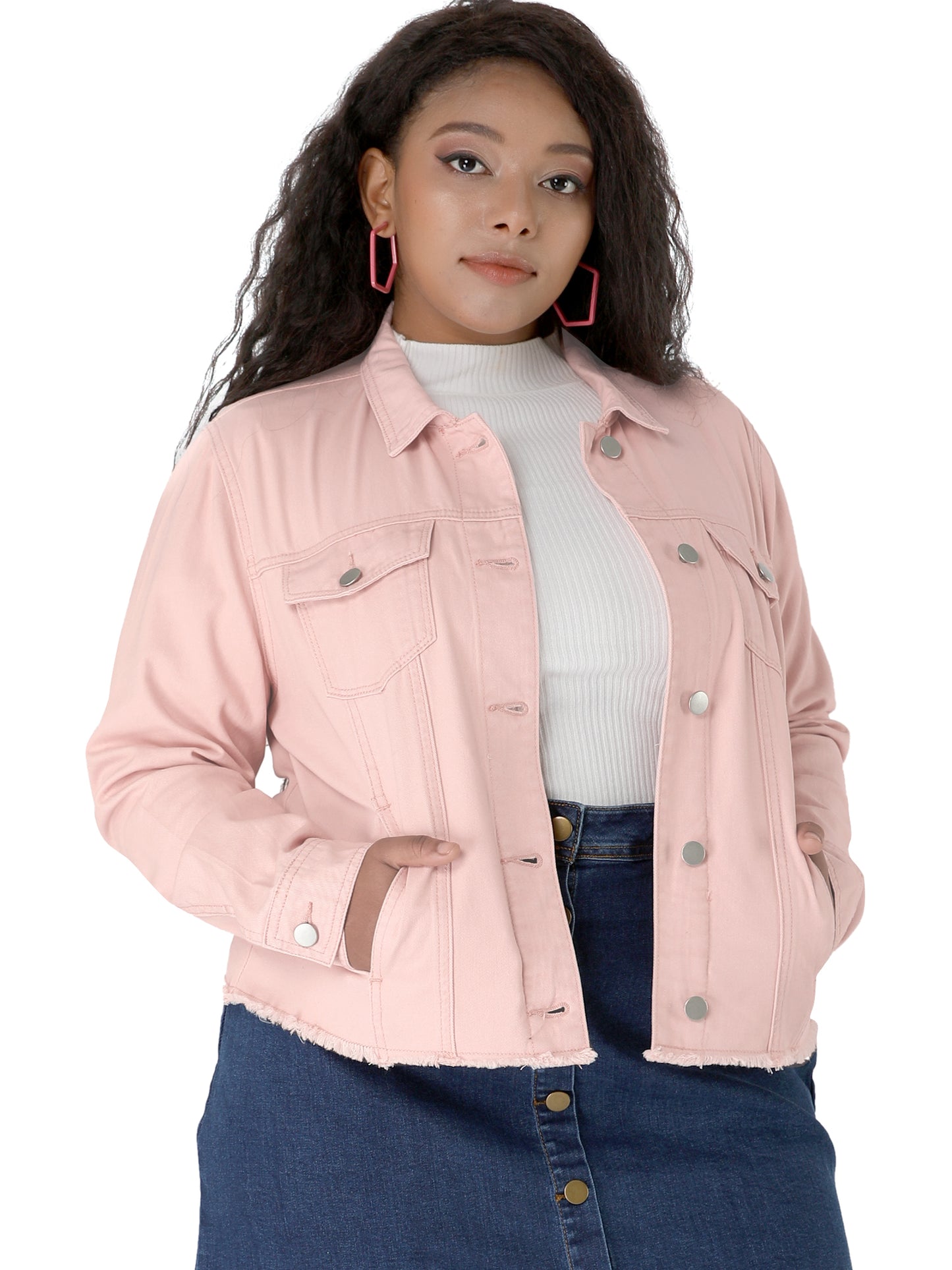 Agnes Orinda Plus Size Classic Washed Front Frayed Denim Jacket Pink