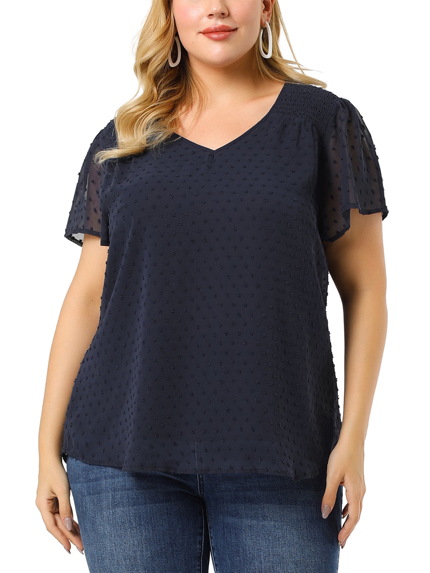 Women Plus Size Blouse Summer Pin Dots Smocked Flare Sleeve Top