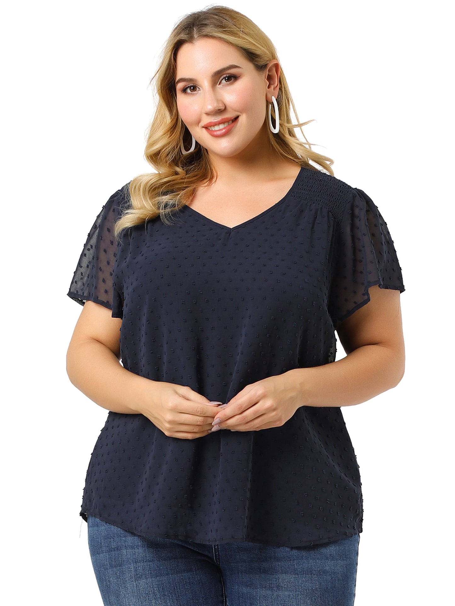 Women Plus Size Blouse Summer Pin Dots Smocked Flare Sleeve Top