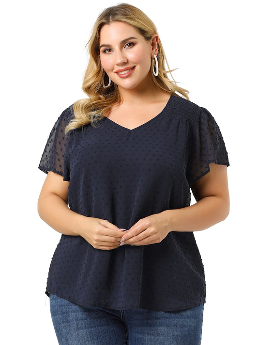 Women Plus Size Blouse Summer Pin Dots Smocked Flare Sleeve Top