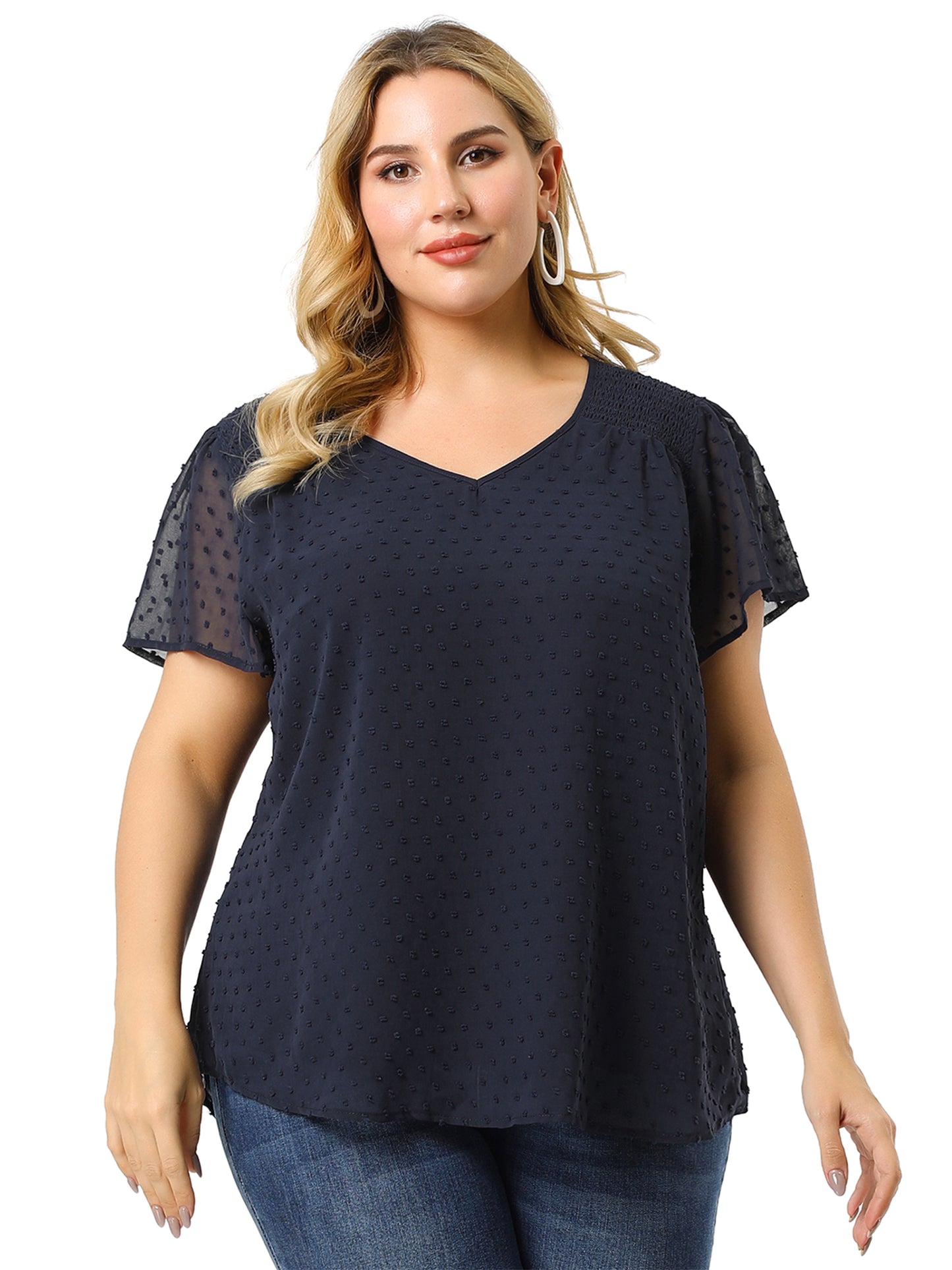 Women Plus Size Blouse Summer Pin Dots Smocked Flare Sleeve Top