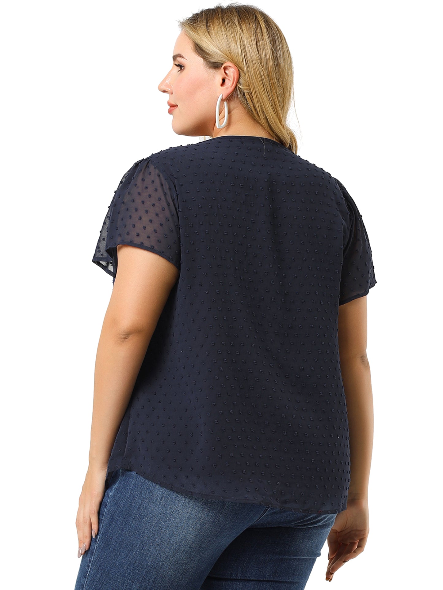 Women Plus Size Blouse Summer Pin Dots Smocked Flare Sleeve Top