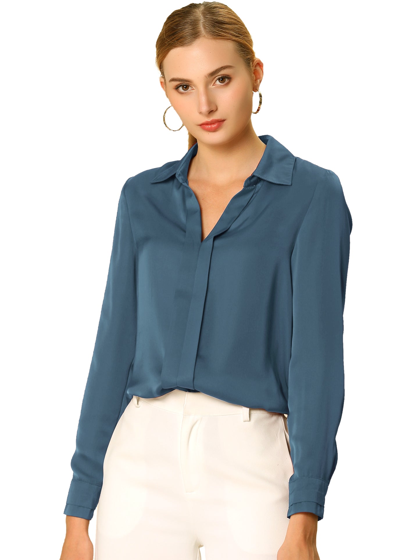 Women's Elegant V Neck Satin Long Sleeve Dressy Business Shirt Work Top (Available in Plus Size)