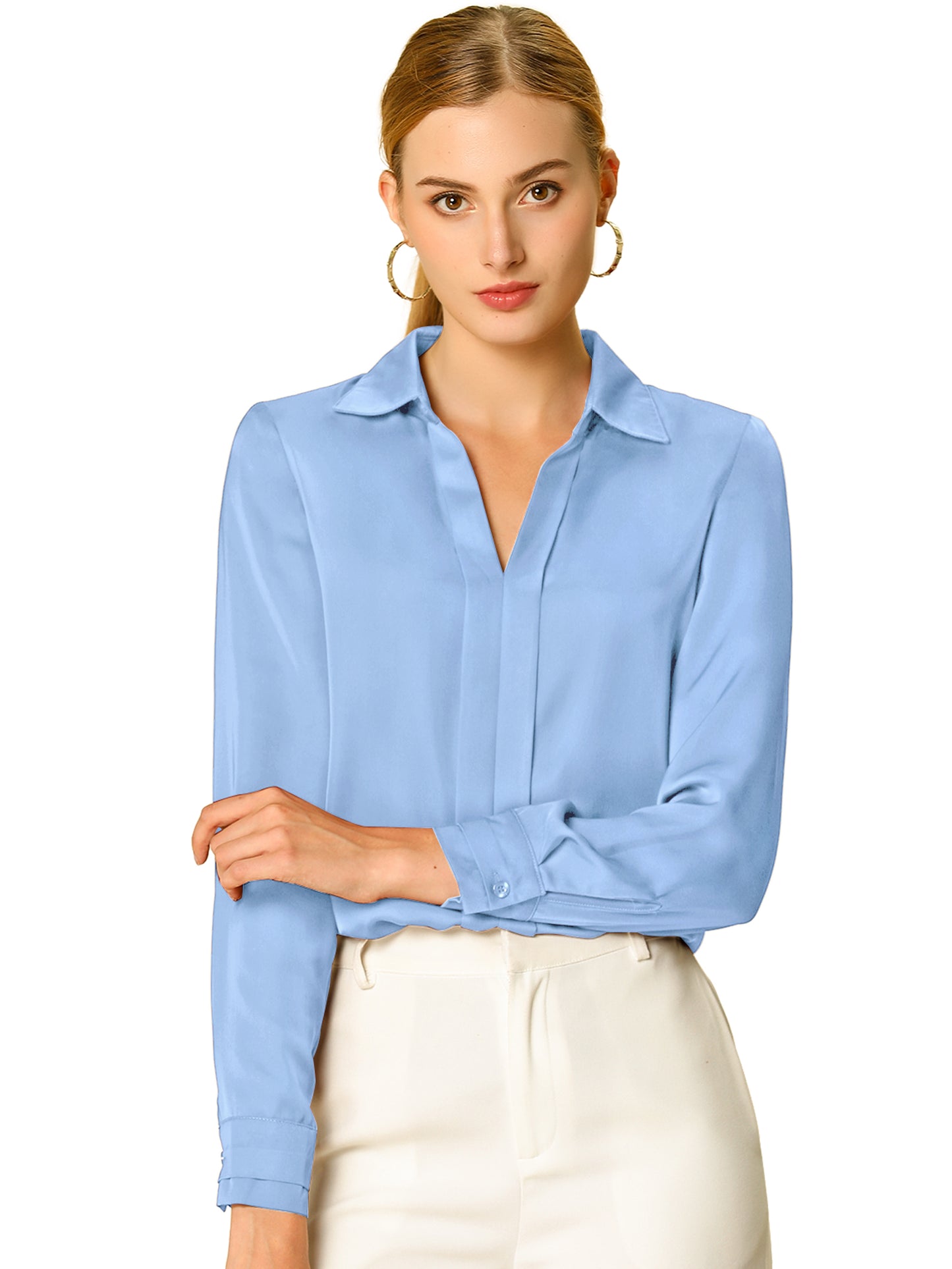 Women's Elegant V Neck Satin Long Sleeve Dressy Business Shirt Work Top (Available in Plus Size)