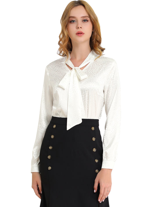 Women's Bow Tie Neck Long Sleeve Printed Satin Embossed Blouse