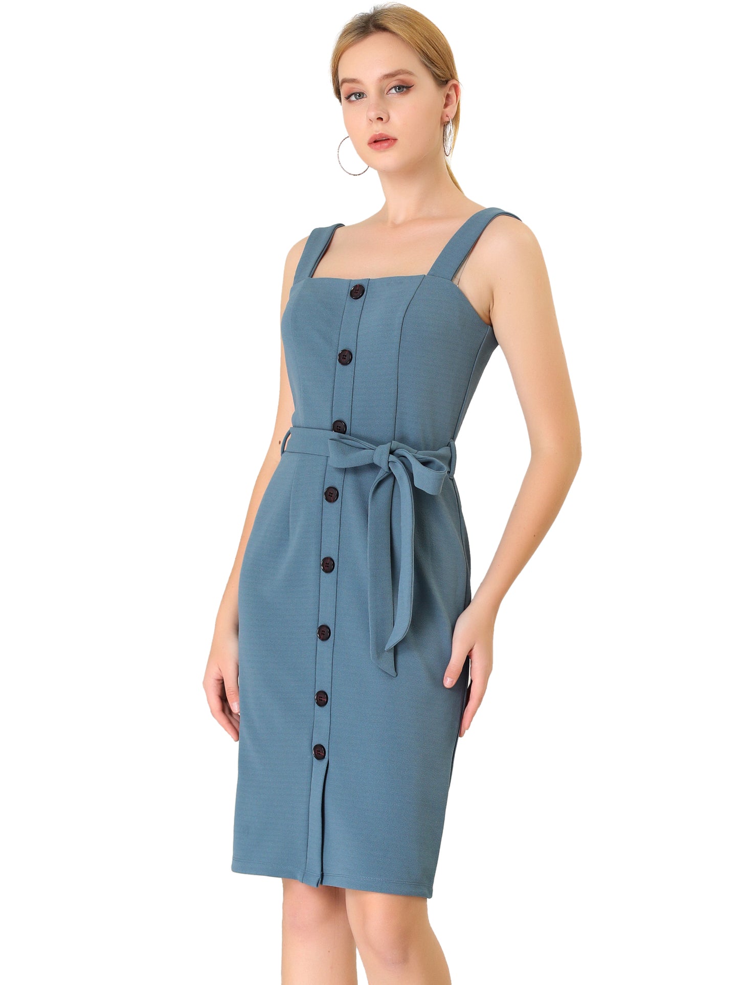 Women's Button Front Bodycon Sleeveless Belt Staps Tank Dress