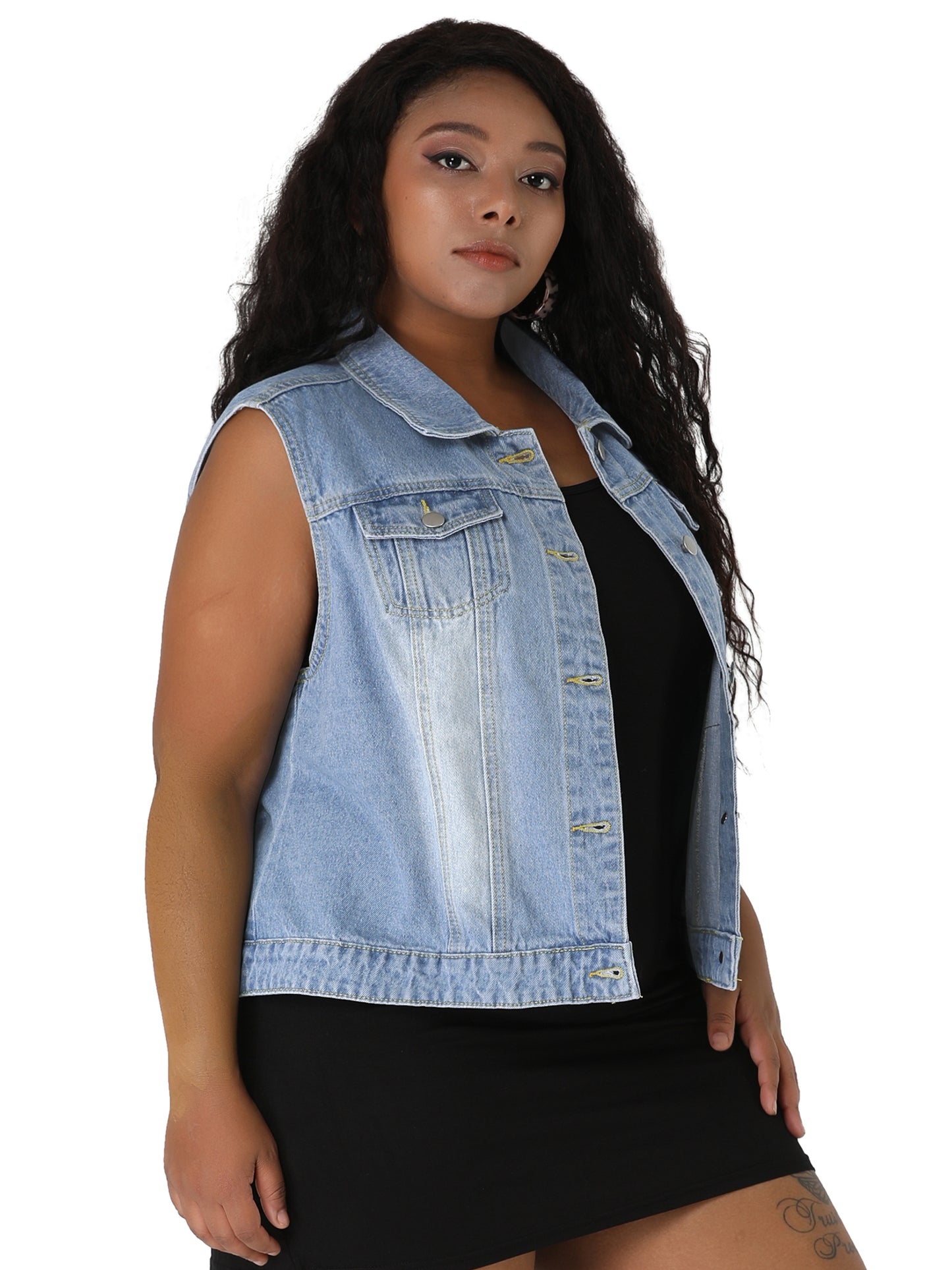 Women Plus Size Denim Vest Top Sleeveless Button Down Waistcoat with Two Chest Flap Pockets Jean Jacket Vest