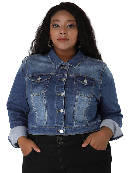 Women's Plus Size Button Closed Cropped Stitching Denim Jacket