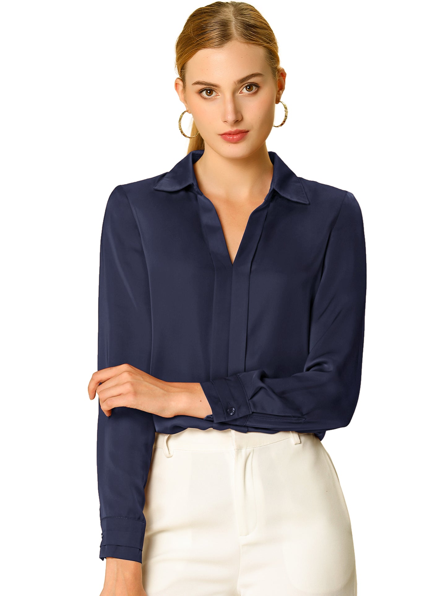 Women's Elegant V Neck Satin Long Sleeve Dressy Business Shirt Work Top (Available in Plus Size)