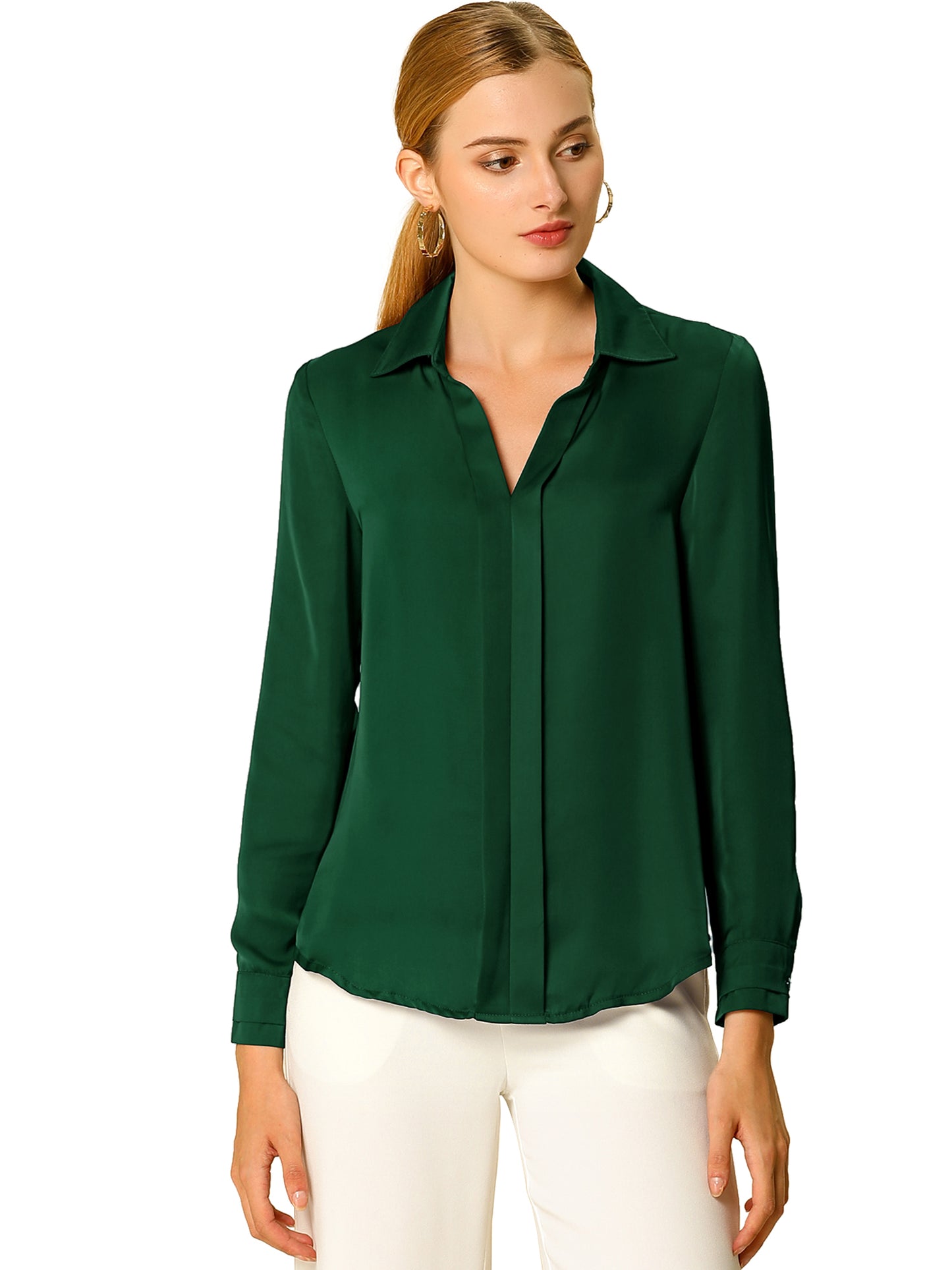 Women's Elegant V Neck Satin Long Sleeve Dressy Business Shirt Work Top (Available in Plus Size)