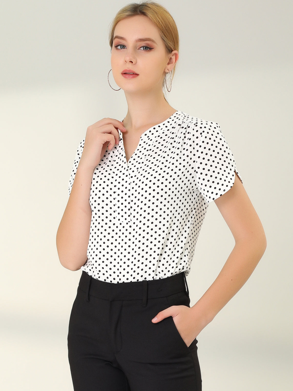 [PACK SALES] Women's 2 Pieces Dots Printed V Neck Short Sleeve Work Office Blouse Top