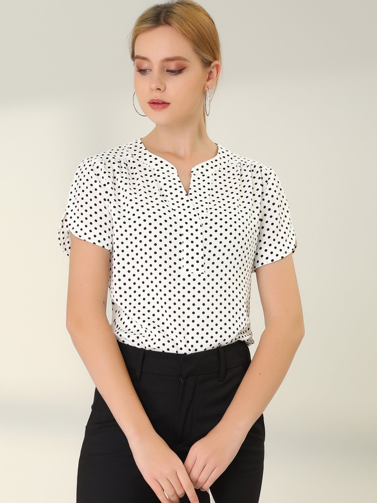 [PACK SALES] Women's 2 Pieces Dots Printed V Neck Short Sleeve Work Office Blouse Top
