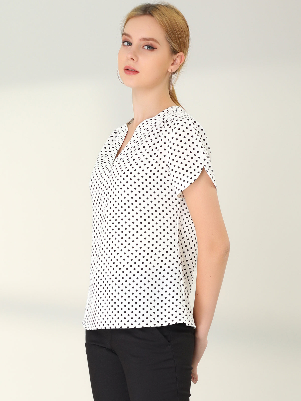 [PACK SALES] Women's 2 Pieces Dots Printed V Neck Short Sleeve Work Office Blouse Top