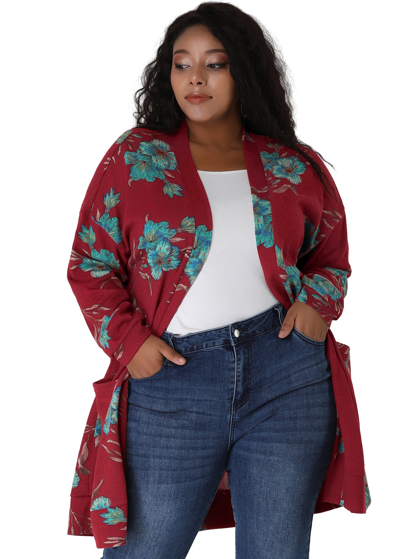 Women's Plus Size Lightweight Casual Long Sleeve Floral Knit Cardigans with Pockets