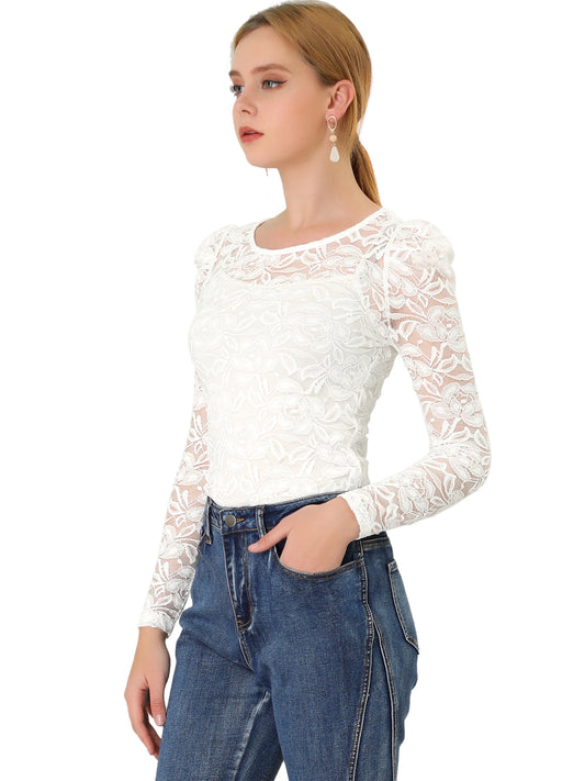 Women's Lace Embroidery Semi Sheer Vintage Puff Sleeve Top (Available in Plus Size)