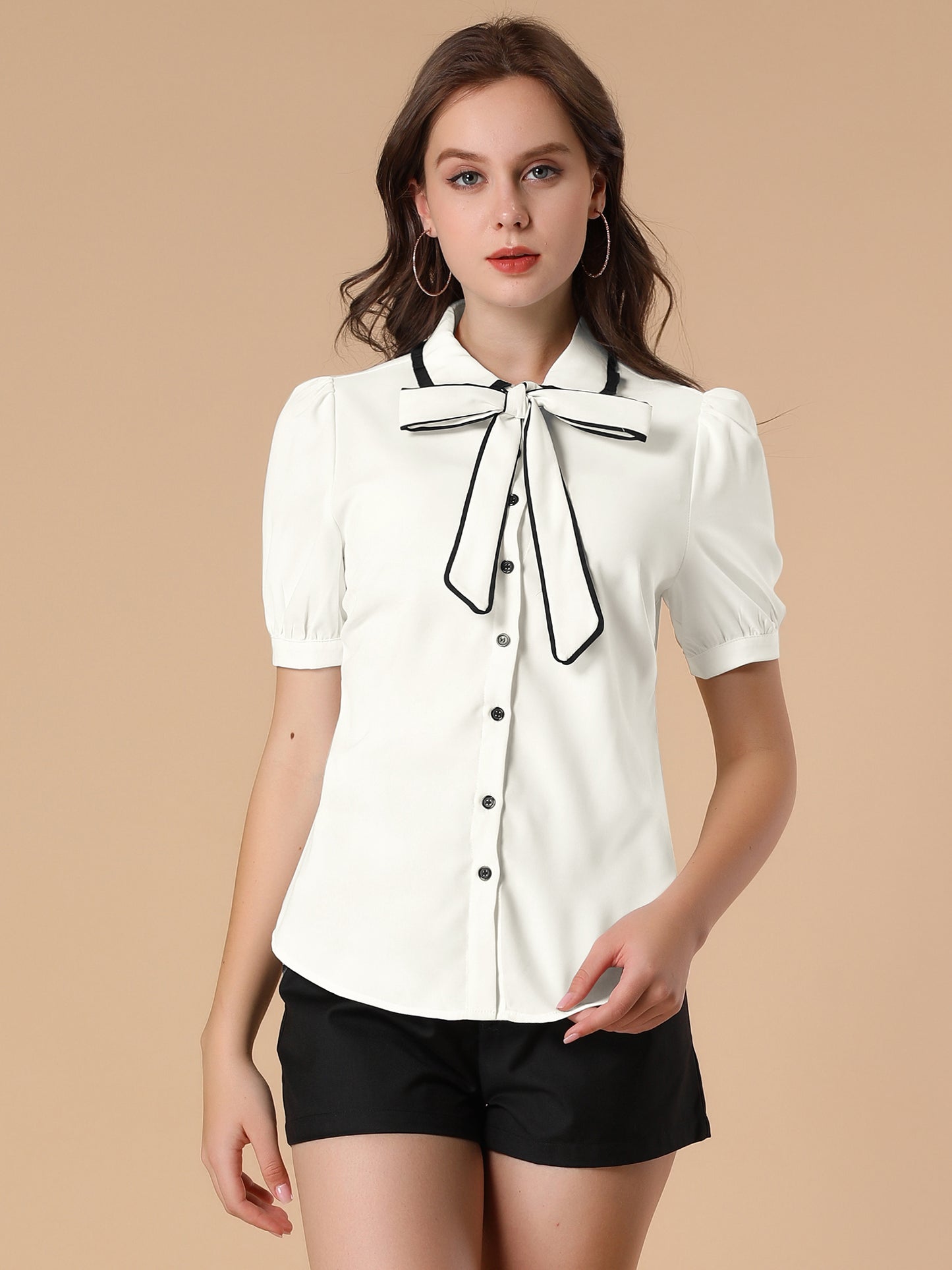 Women's Peter Pan Collar Blouse Bow Tie Neck Work Office Button Down Shirt