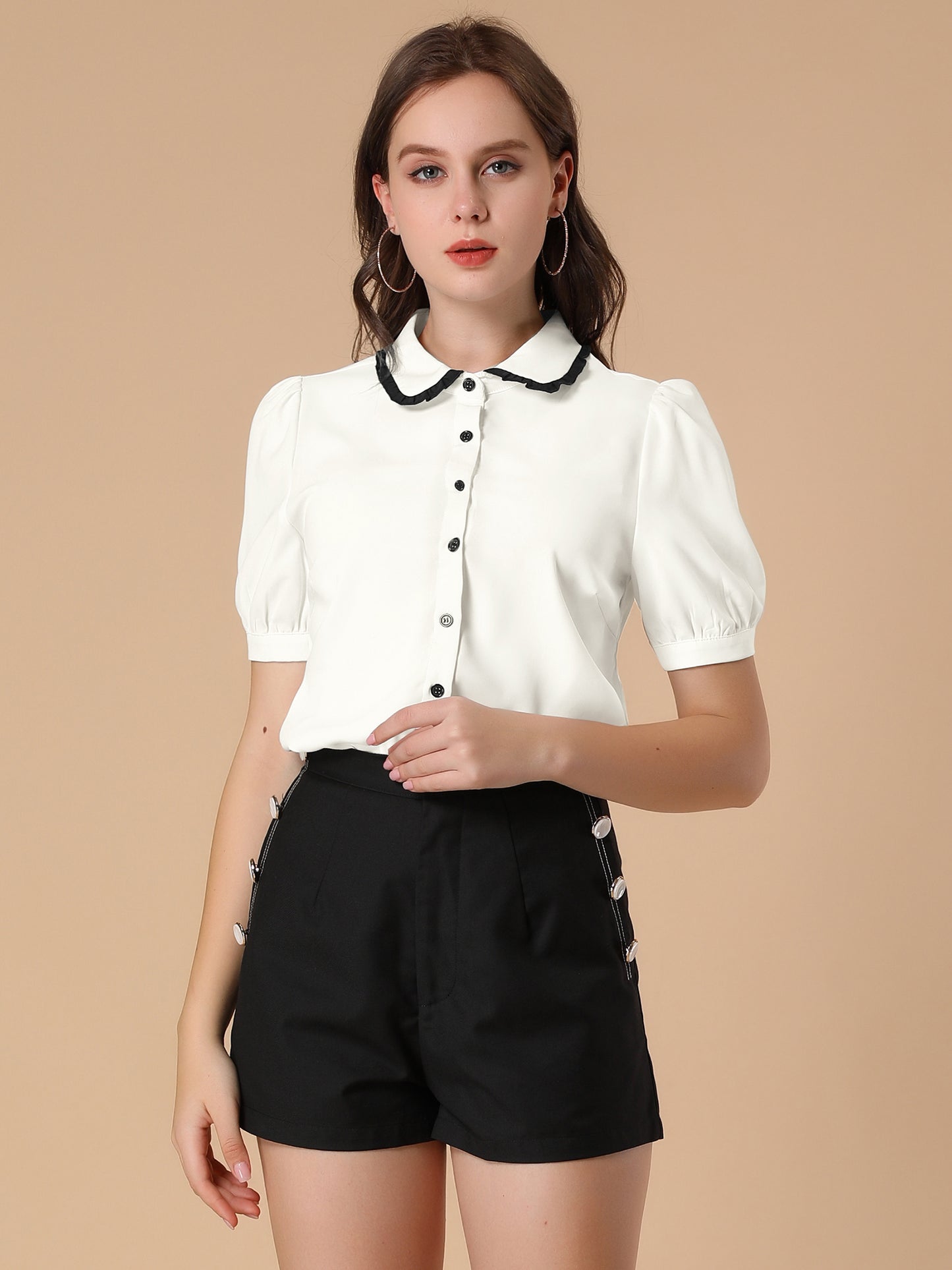 Women's Peter Pan Collar Blouse Bow Tie Neck Work Office Button Down Shirt