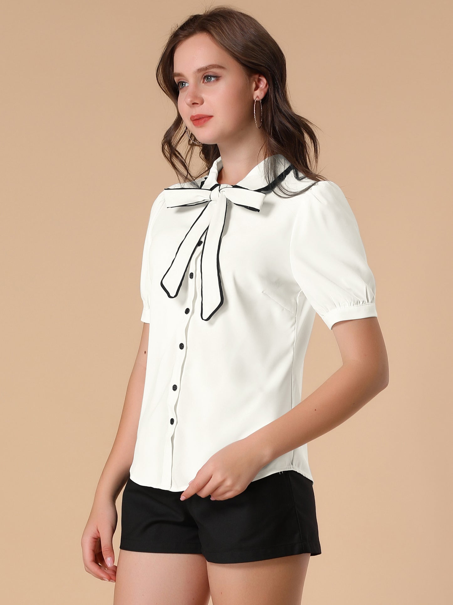 Women's Peter Pan Collar Blouse Bow Tie Neck Work Office Button Down Shirt