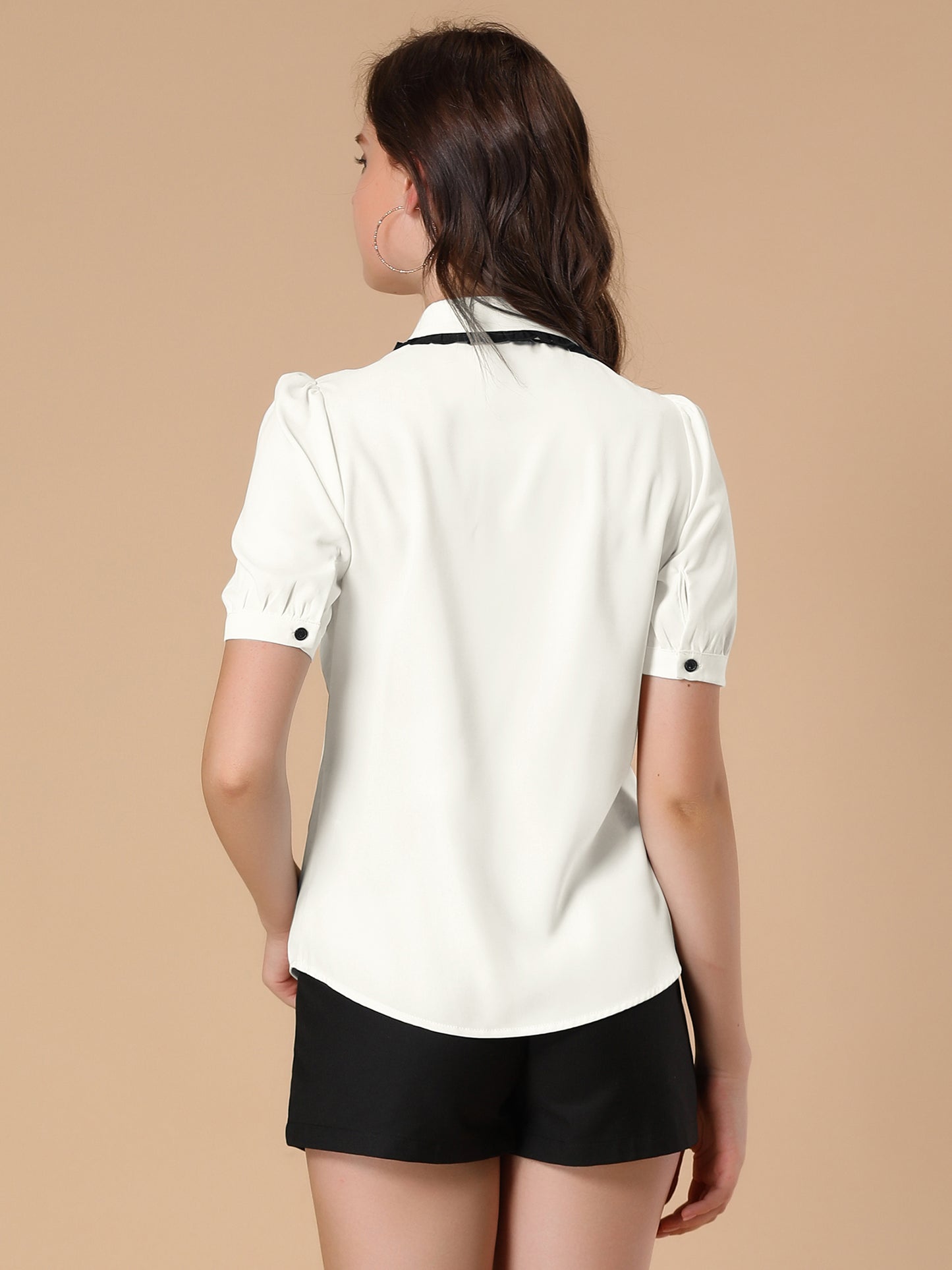 Women's Peter Pan Collar Blouse Bow Tie Neck Work Office Button Down Shirt