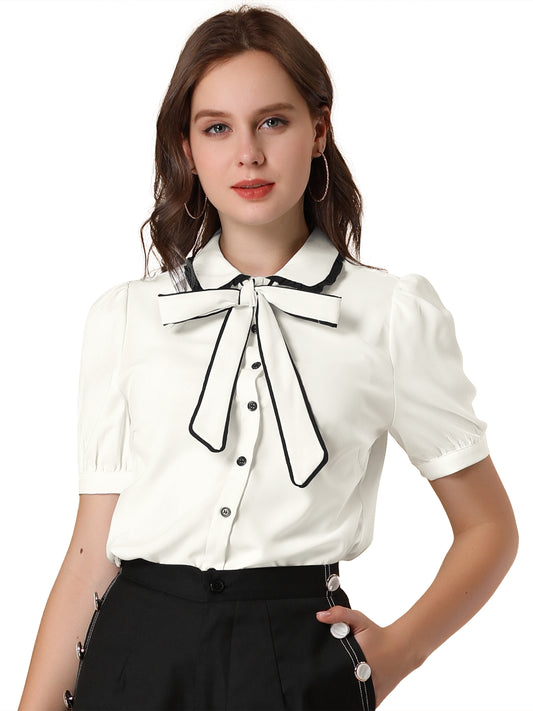 Women's Peter Pan Collar Blouse Bow Tie Neck Work Office Button Down Shirt