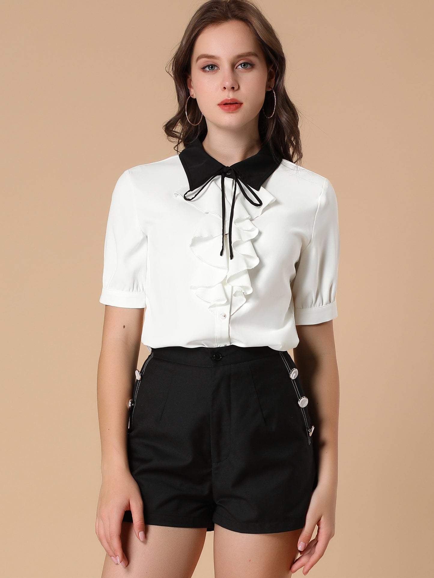 Women's Ruffle Shirts Contrast Collar Button Down Short Sleeve Work Blouse