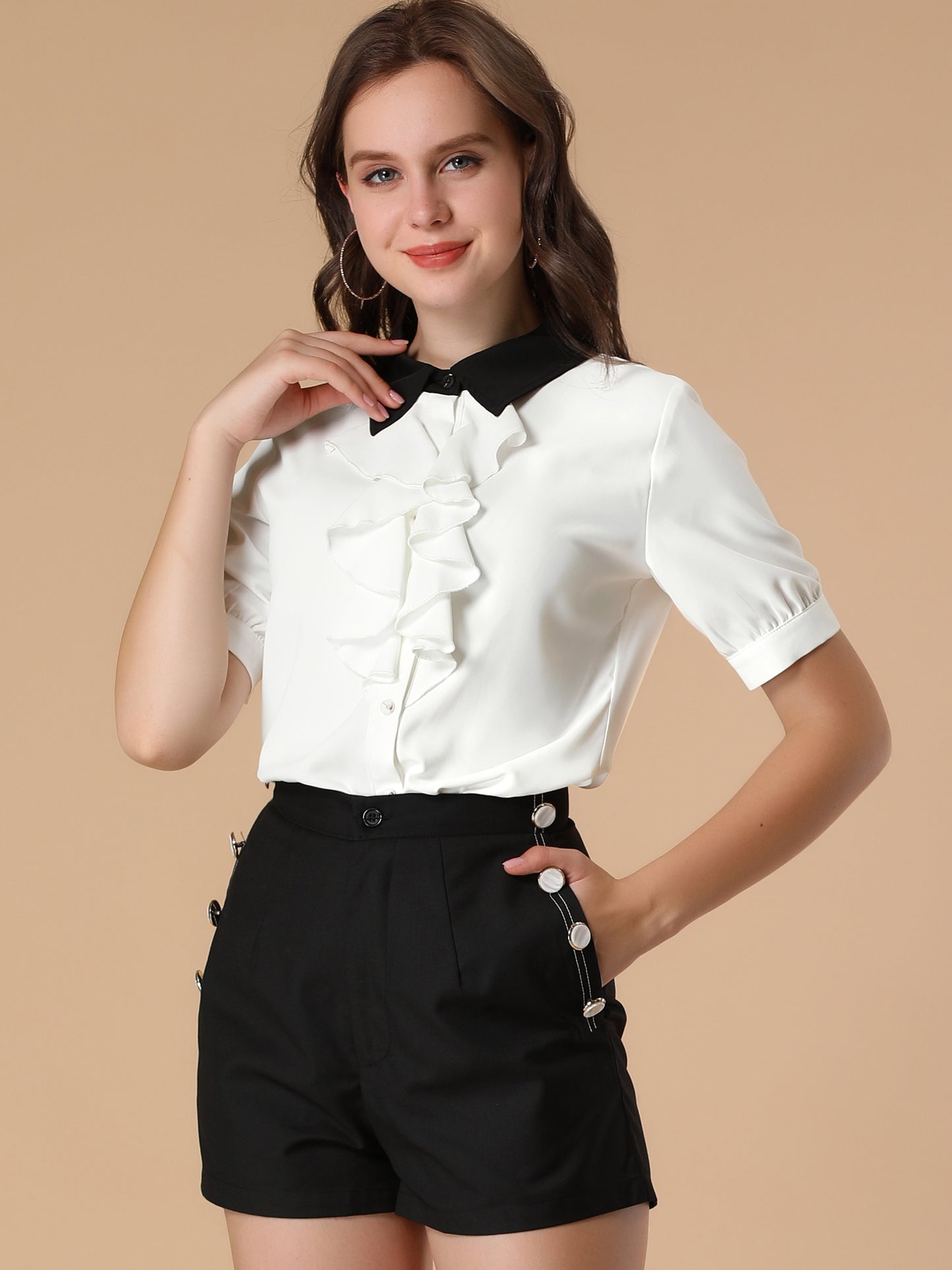 Women's Ruffle Shirts Contrast Collar Button Down Short Sleeve Work Blouse