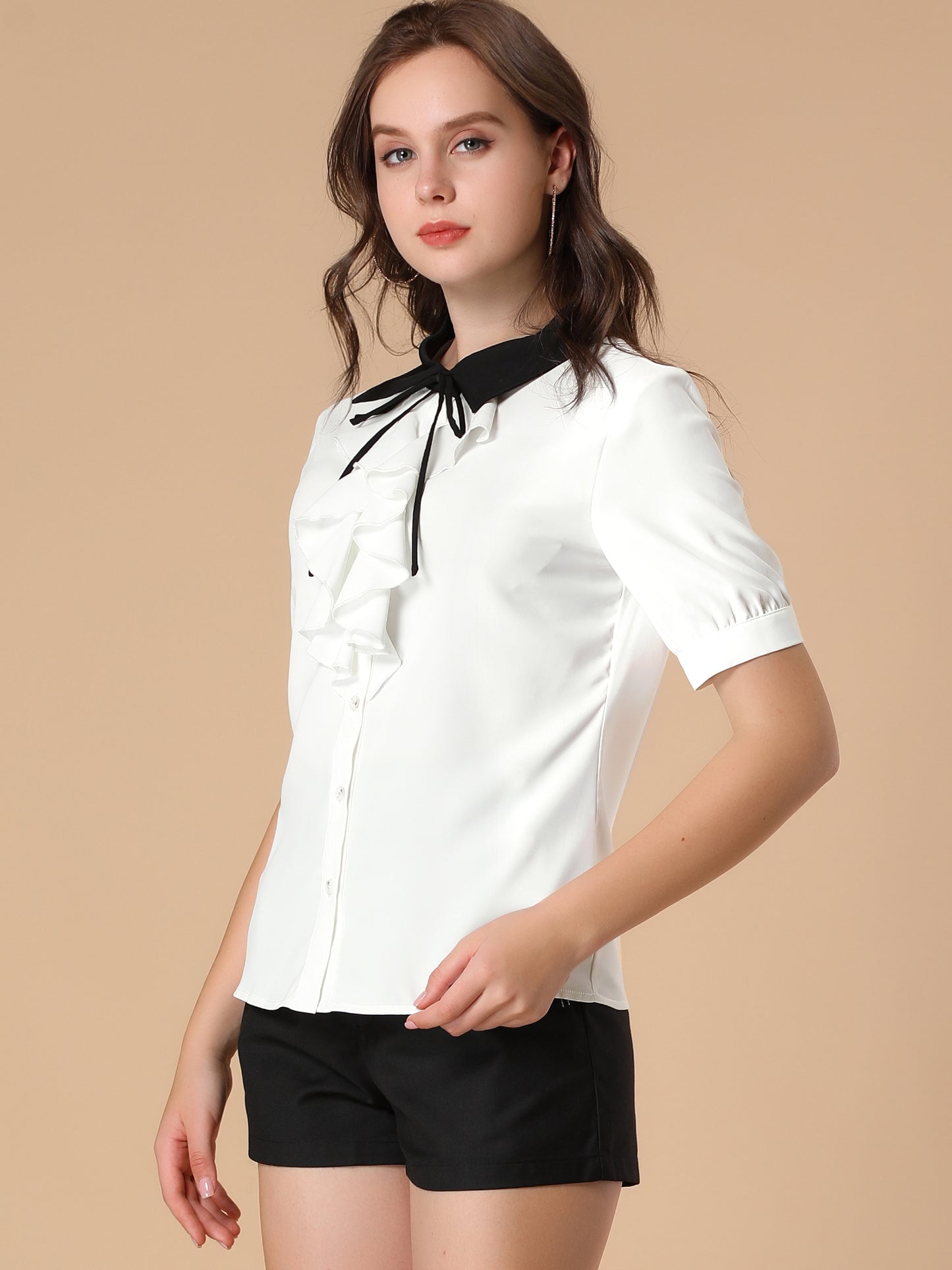 Women's Ruffle Shirts Contrast Collar Button Down Short Sleeve Work Blouse