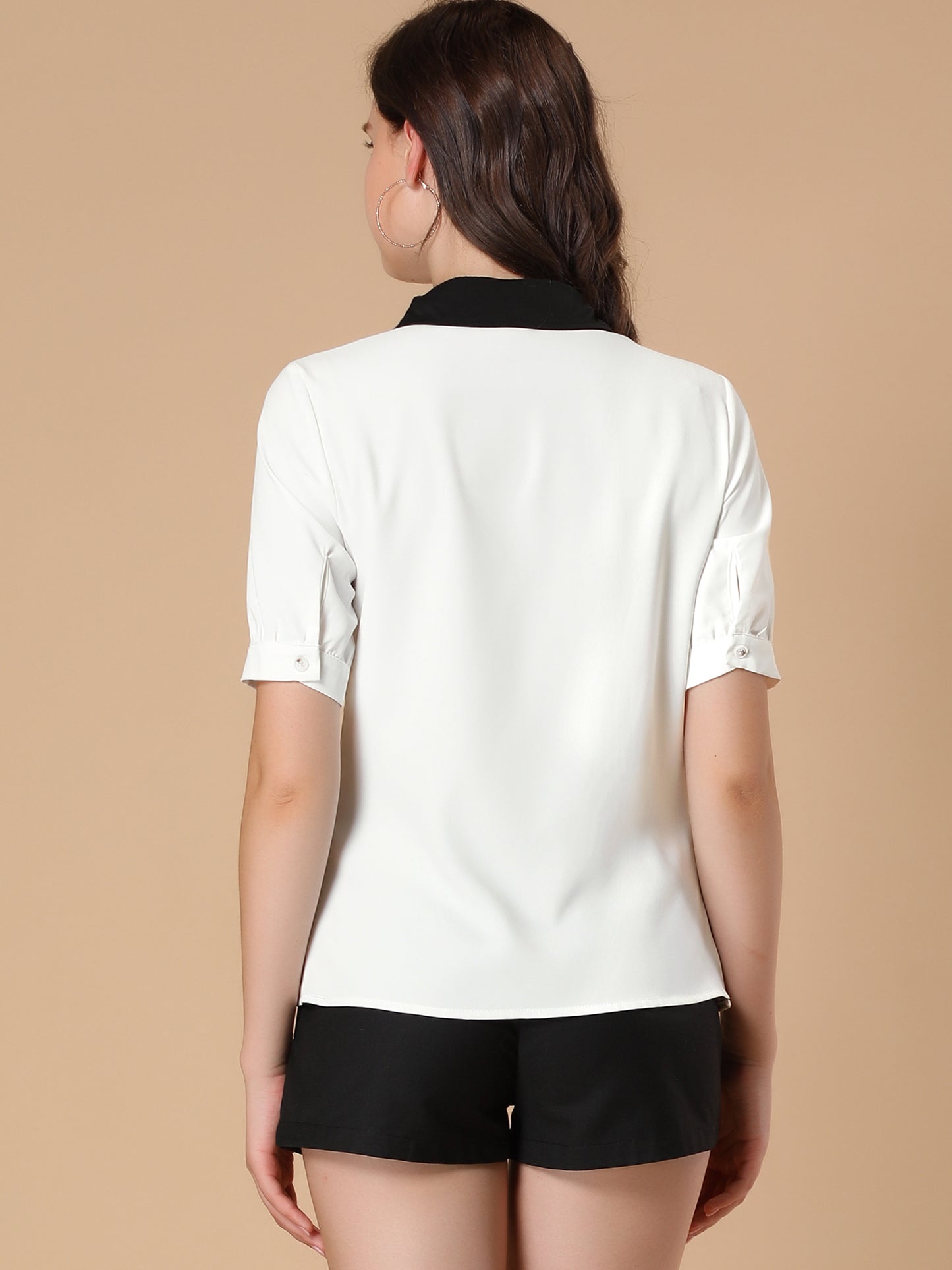 Women's Ruffle Shirts Contrast Collar Button Down Short Sleeve Work Blouse