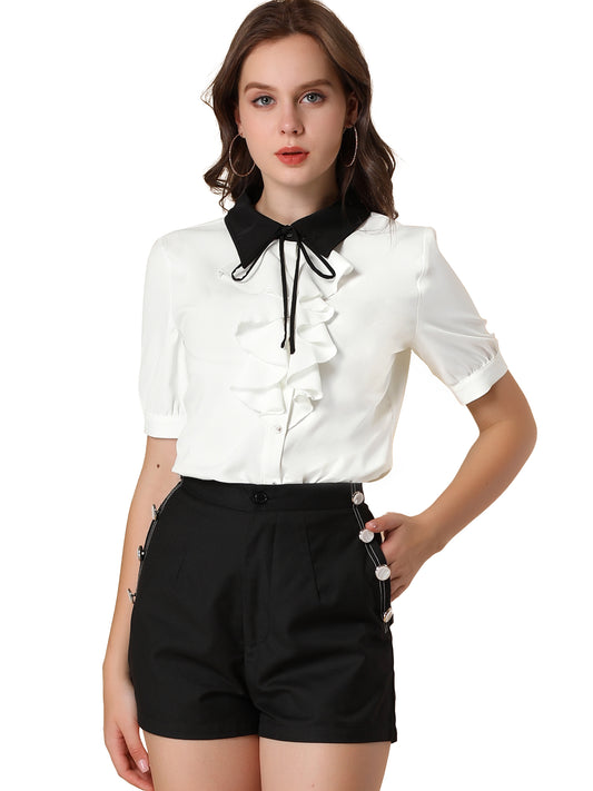 Women's Ruffle Shirts Contrast Collar Button Down Short Sleeve Work Blouse
