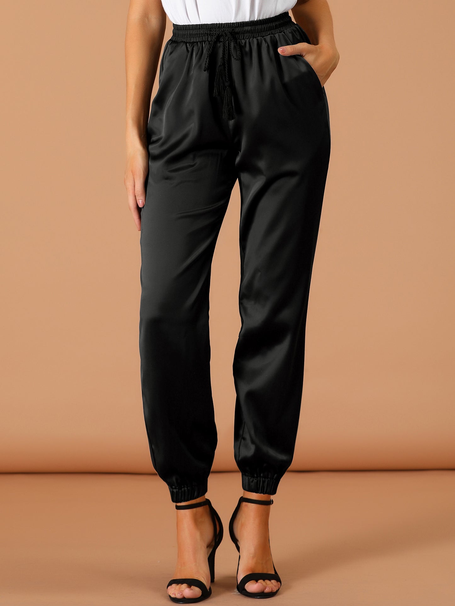 Women's Drawstring Elastic Waist Athleisure Pants Casual Ankle Length Satin Joggers with Pocket (Available in Plus Size)