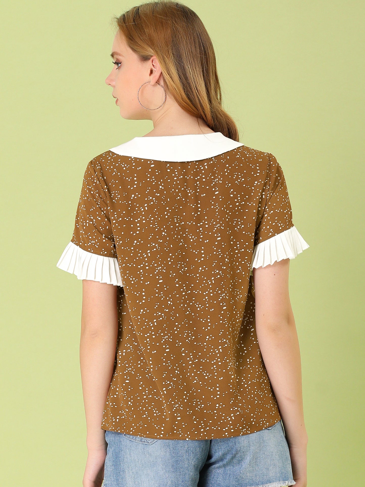 Women's Contrast Doll Collar Polka Dots Short Sleeves Blouse Shirt Top
