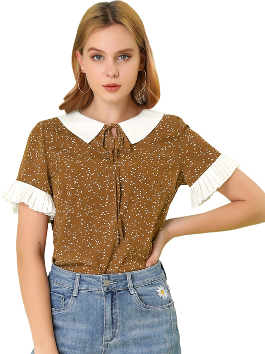 Blusa de manga corta con lunares y cuello de muñeca en contraste para mujer