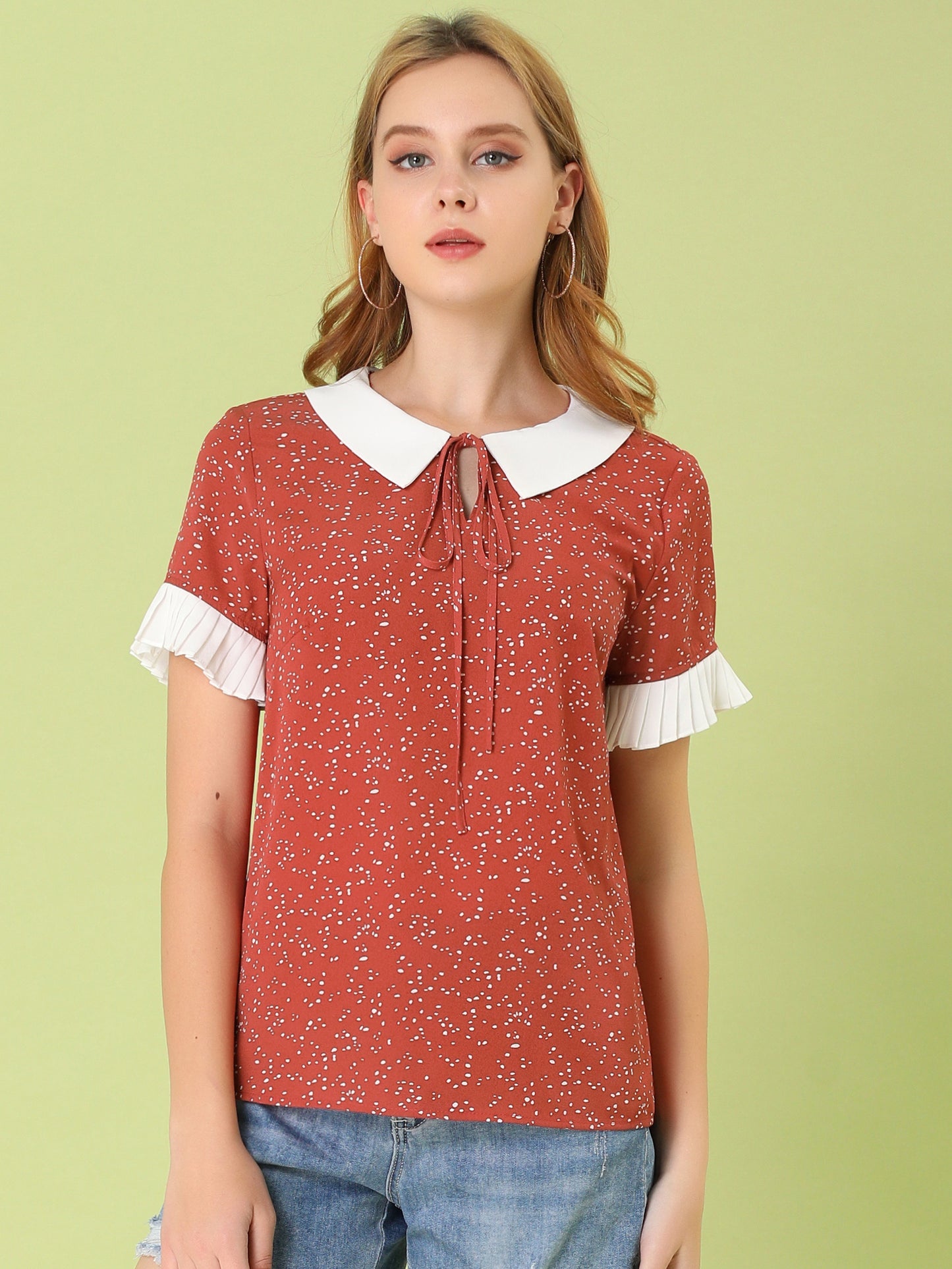 Women's Contrast Doll Collar Polka Dots Short Sleeves Blouse Shirt Top