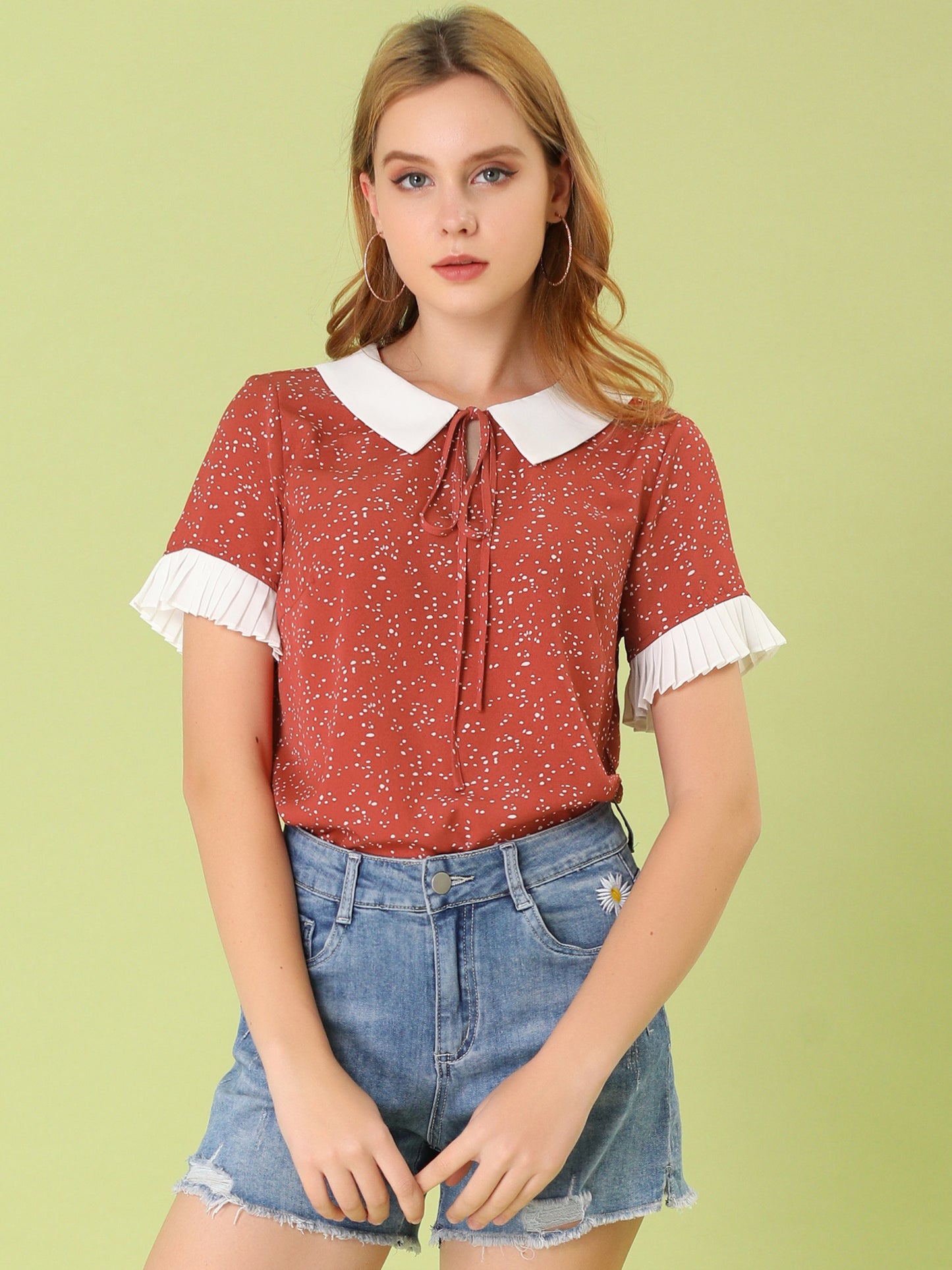 Women's Contrast Doll Collar Polka Dots Short Sleeves Blouse Shirt Top