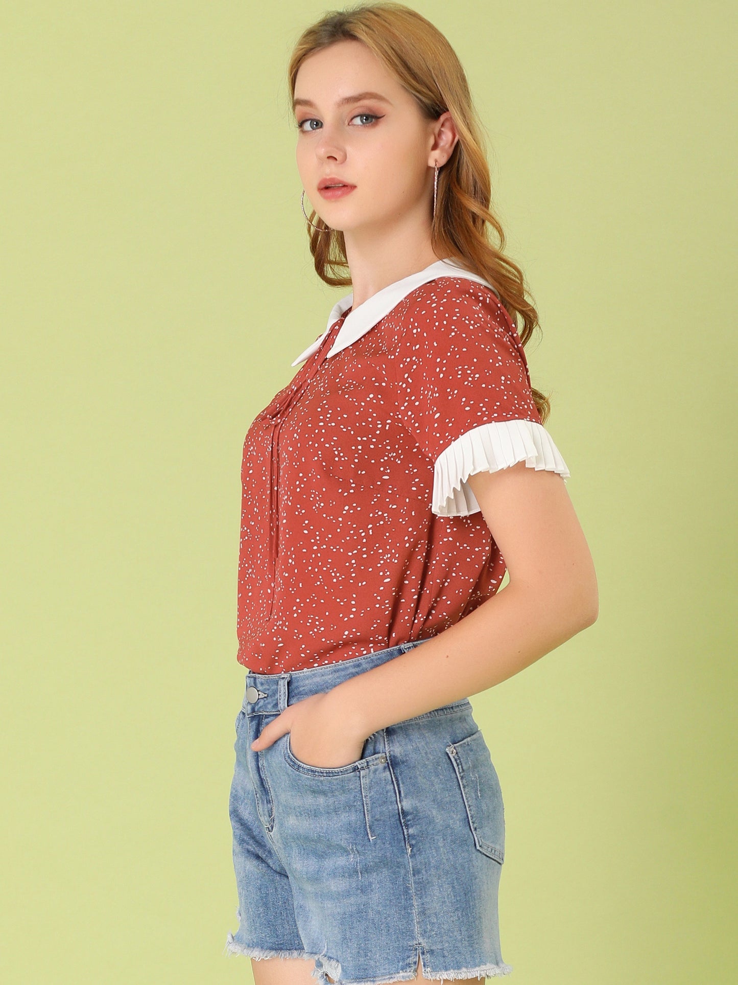 Women's Contrast Doll Collar Polka Dots Short Sleeves Blouse Shirt Top