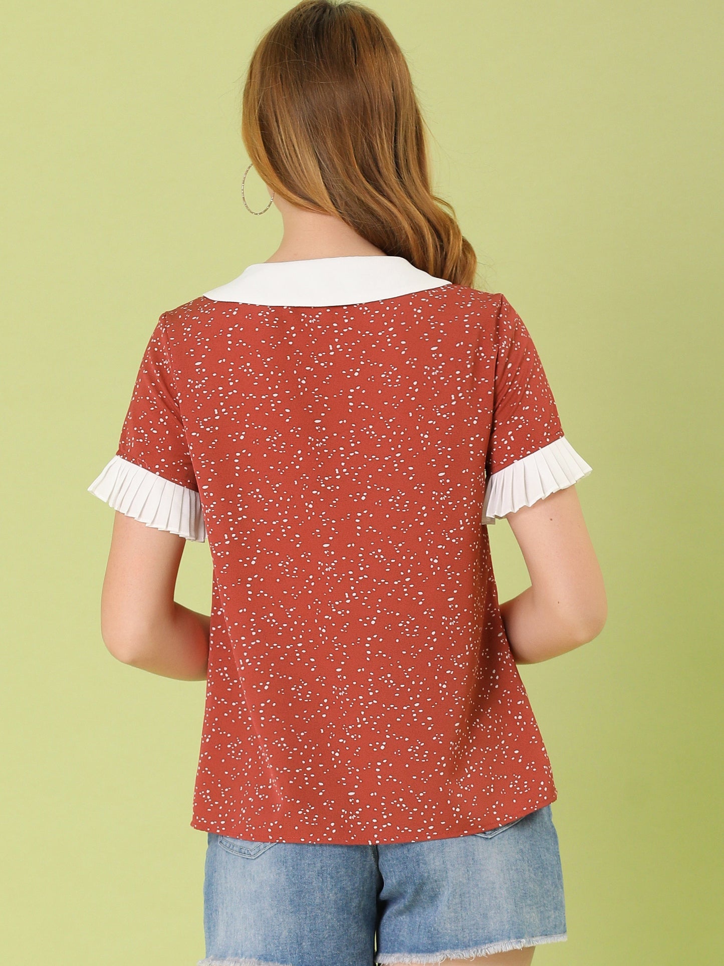 Women's Contrast Doll Collar Polka Dots Short Sleeves Blouse Shirt Top
