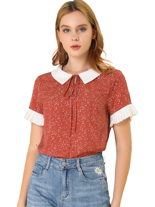 Women's Contrast Doll Collar Polka Dots Short Sleeves Blouse Shirt Top