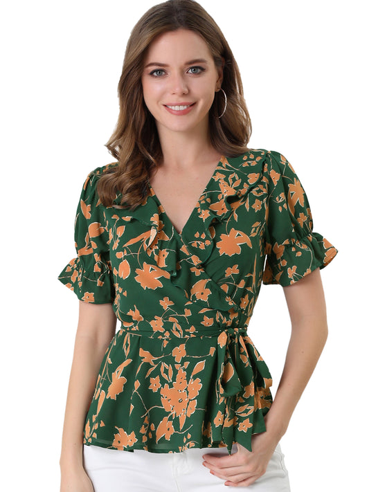 Blusa cruzada floral para mujer, manga corta, cuello en V con volantes y cinturón, peplum (disponible en tallas grandes)