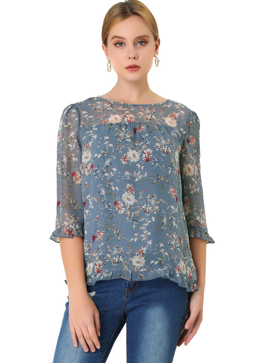Women's Casual Ruffle 3/4 Sleeve Floral Print Chiffon Blouse (Available in Plus Size)