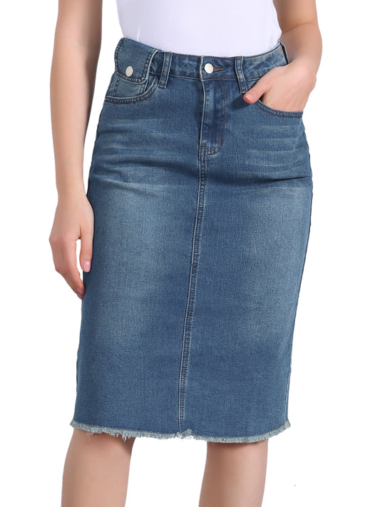 Women's Casual Jean Skirt High Waist Back Slit Stretch Denim Skirt (Available in Plus Size)