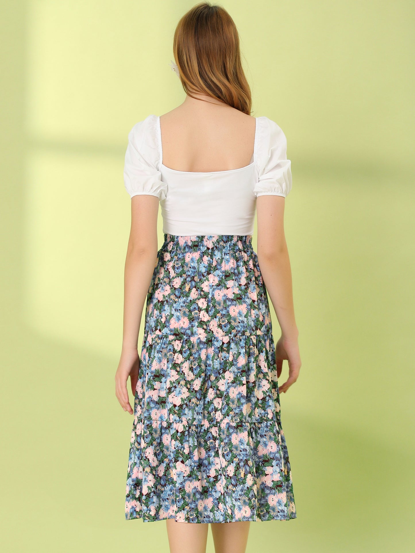 Falda escalonada con dobladillo con volantes, cintura elástica y estampado floral para mujer