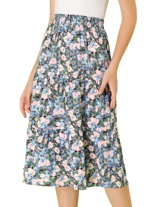 Women's Floral Printed Elastic Waist A-Line Ruffle Hem Tiered Skirt