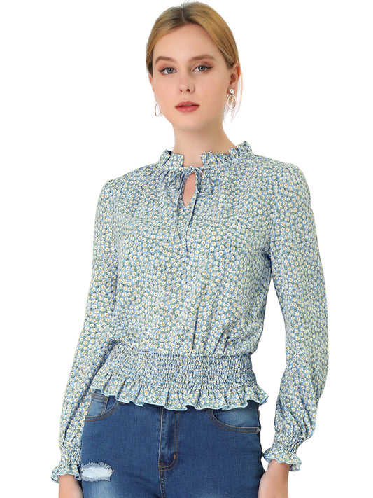 Women's Ruffle Neck Long Sleeve Cropped Smocked Floral Blouse